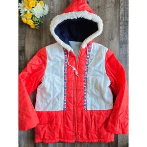 Vintage 70s Kids Hooded Puffer Jacket Red Embroidered Winter Coat No Tag Size 7